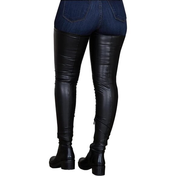 Women's Black Polyurethane Thigh High Over The Knee Rounded Toe Fashion Boots - Picture 5 of 6